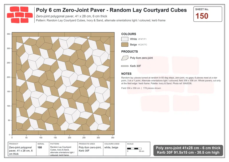 Interlock (Pasco) 41x28 cm · POL-150 · Random Lay Courtyard Cubes, Ivory & Sand, alternate orientations light / coloured, kerb frame · Laying plan Interlock (Pasco) 41x28 cm · POL-150 · Random Lay Courtyard Cubes, Ivory & Sand, alternate orientations light / coloured, kerb frame · Laying plan