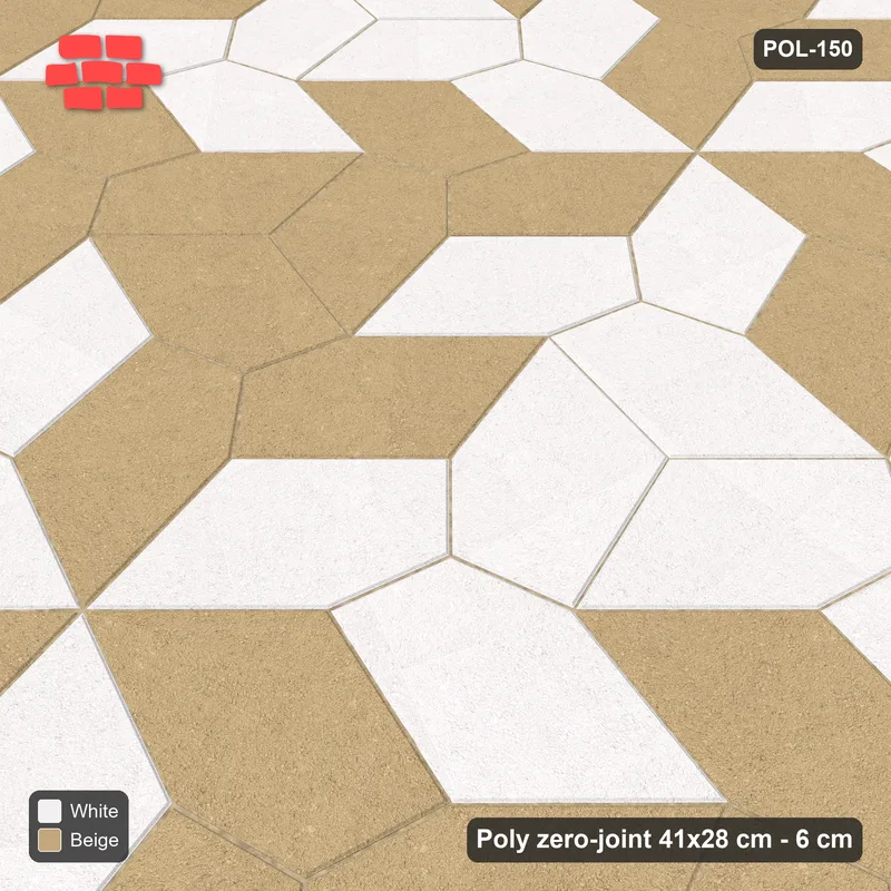 Interlock (Pasco) 41x28 cm · POL-150 · Random Lay Courtyard Cubes, Ivory & Sand, alternate orientations light / coloured, kerb frame · Side view Interlock (Pasco) 41x28 cm · POL-150 · Random Lay Courtyard Cubes, Ivory & Sand, alternate orientations light / coloured, kerb frame · Side view