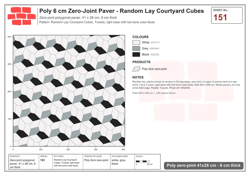 Interlock (Pasco) 41x28 cm · POL-151 · Random Lay Courtyard Cubes, Tuxedo, light base with two-tone cube faces · Laying plan Interlock (Pasco) 41x28 cm · POL-151 · Random Lay Courtyard Cubes, Tuxedo, light base with two-tone cube faces · Laying plan