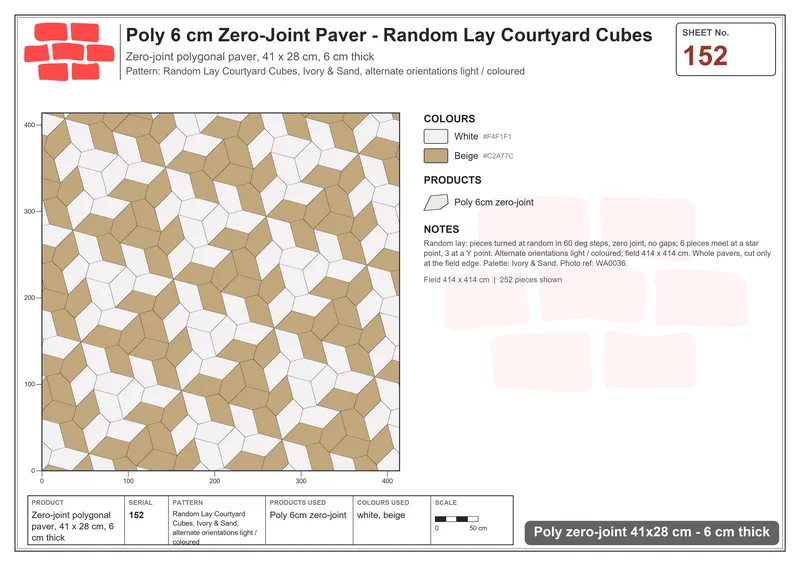 Interlock (Pasco) 41x28 cm · POL-152 · Random Lay Courtyard Cubes, Ivory & Sand, alternate orientations light / coloured · Laying plan Interlock (Pasco) 41x28 cm · POL-152 · Random Lay Courtyard Cubes, Ivory & Sand, alternate orientations light / coloured · Laying plan