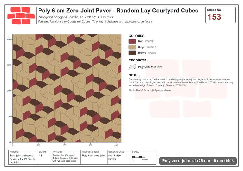 Interlock (Pasco) 41x28 cm · POL-153 · Random Lay Courtyard Cubes, Tuscany, light base with two-tone cube faces · Laying plan Interlock (Pasco) 41x28 cm · POL-153 · Random Lay Courtyard Cubes, Tuscany, light base with two-tone cube faces · Laying plan