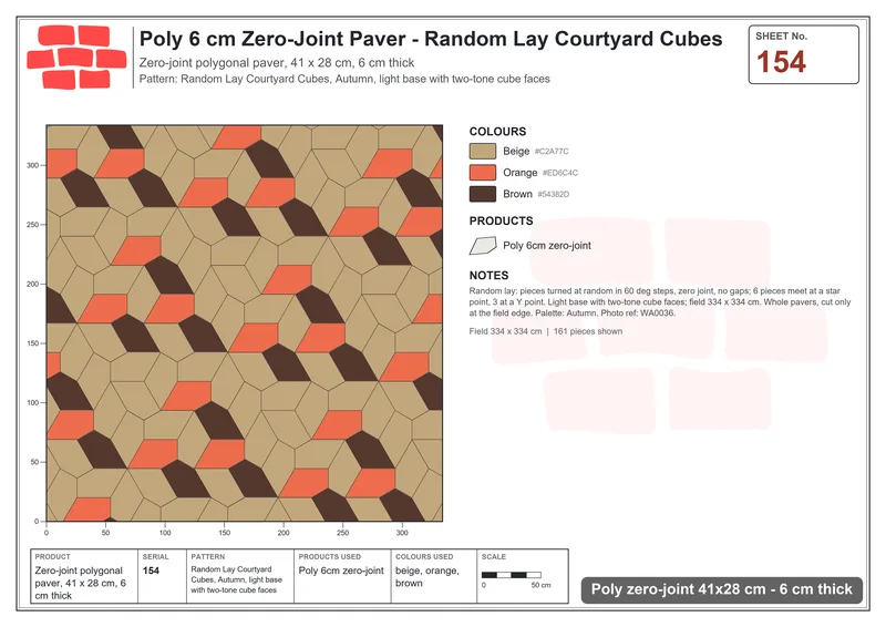 Interlock (Pasco) 41x28 cm · POL-154 · Random Lay Courtyard Cubes, Autumn, light base with two-tone cube faces · Laying plan Interlock (Pasco) 41x28 cm · POL-154 · Random Lay Courtyard Cubes, Autumn, light base with two-tone cube faces · Laying plan