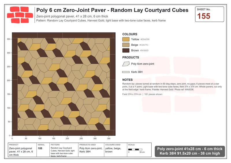 Interlock (Pasco) 41x28 cm · POL-155 · Random Lay Courtyard Cubes, Harvest Gold, light base with two-tone cube faces, kerb frame · Laying plan Interlock (Pasco) 41x28 cm · POL-155 · Random Lay Courtyard Cubes, Harvest Gold, light base with two-tone cube faces, kerb frame · Laying plan