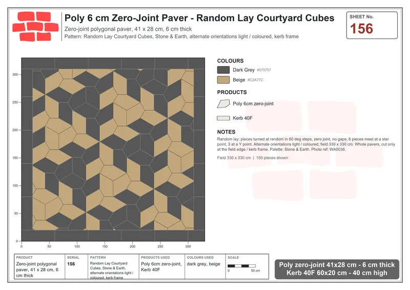 Interlock (Pasco) 41x28 cm · POL-156 · Random Lay Courtyard Cubes, Stone & Earth, alternate orientations light / coloured, kerb frame · Laying plan Interlock (Pasco) 41x28 cm · POL-156 · Random Lay Courtyard Cubes, Stone & Earth, alternate orientations light / coloured, kerb frame · Laying plan