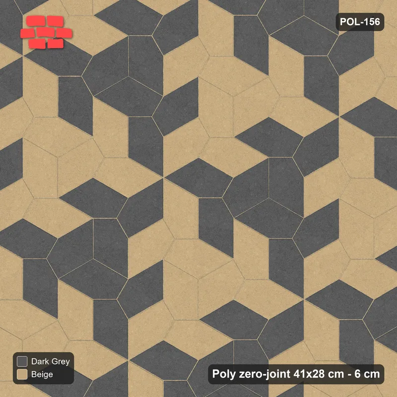 Interlock (Pasco) 41x28 cm · POL-156 · Random Lay Courtyard Cubes, Stone & Earth, alternate orientations light / coloured, kerb frame · Top view Interlock (Pasco) 41x28 cm · POL-156 · Random Lay Courtyard Cubes, Stone & Earth, alternate orientations light / coloured, kerb frame · Top view