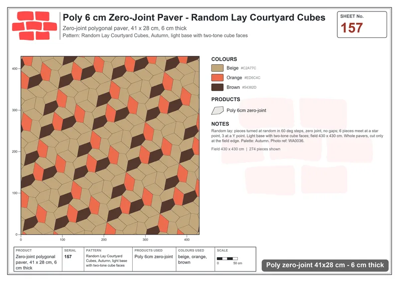 Interlock (Pasco) 41x28 cm · POL-157 · Random Lay Courtyard Cubes, Autumn, light base with two-tone cube faces · Laying plan Interlock (Pasco) 41x28 cm · POL-157 · Random Lay Courtyard Cubes, Autumn, light base with two-tone cube faces · Laying plan