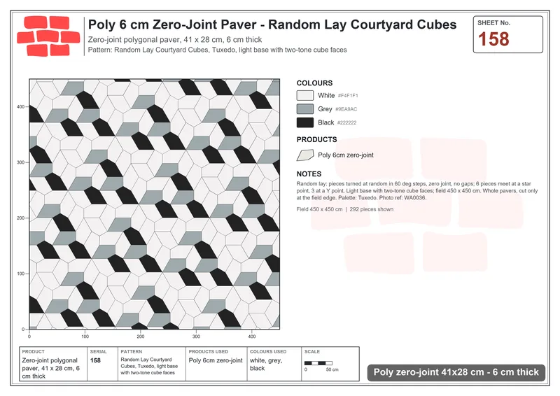 Interlock (Pasco) 41x28 cm · POL-158 · Random Lay Courtyard Cubes, Tuxedo, light base with two-tone cube faces · Laying plan Interlock (Pasco) 41x28 cm · POL-158 · Random Lay Courtyard Cubes, Tuxedo, light base with two-tone cube faces · Laying plan