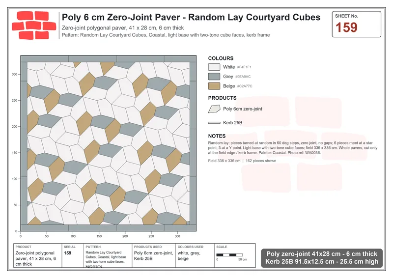 Interlock (Pasco) 41x28 cm · POL-159 · Random Lay Courtyard Cubes, Coastal, light base with two-tone cube faces, kerb frame · Laying plan Interlock (Pasco) 41x28 cm · POL-159 · Random Lay Courtyard Cubes, Coastal, light base with two-tone cube faces, kerb frame · Laying plan
