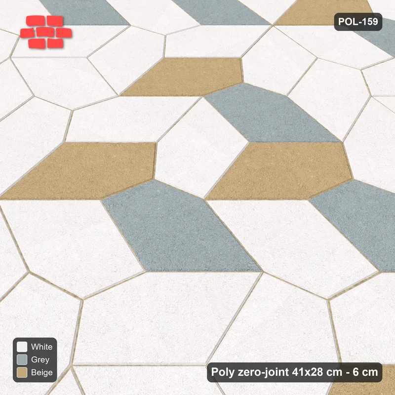Interlock (Pasco) 41x28 cm · POL-159 · Random Lay Courtyard Cubes, Coastal, light base with two-tone cube faces, kerb frame · Side view Interlock (Pasco) 41x28 cm · POL-159 · Random Lay Courtyard Cubes, Coastal, light base with two-tone cube faces, kerb frame · Side view