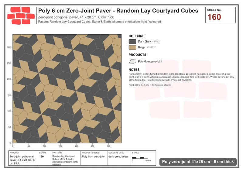 Interlock (Pasco) 41x28 cm · POL-160 · Random Lay Courtyard Cubes, Stone & Earth, alternate orientations light / coloured · Laying plan Interlock (Pasco) 41x28 cm · POL-160 · Random Lay Courtyard Cubes, Stone & Earth, alternate orientations light / coloured · Laying plan
