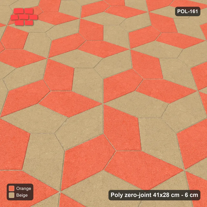 Interlock (Pasco) 41x28 cm · POL-161 · Random Lay Courtyard Cubes, Clay Court, alternate orientations light / coloured, kerb frame · Side view Interlock (Pasco) 41x28 cm · POL-161 · Random Lay Courtyard Cubes, Clay Court, alternate orientations light / coloured, kerb frame · Side view
