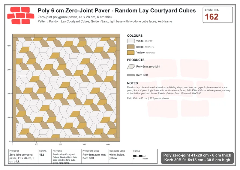 Interlock (Pasco) 41x28 cm · POL-162 · Random Lay Courtyard Cubes, Golden Sand, light base with two-tone cube faces, kerb frame · Laying plan Interlock (Pasco) 41x28 cm · POL-162 · Random Lay Courtyard Cubes, Golden Sand, light base with two-tone cube faces, kerb frame · Laying plan