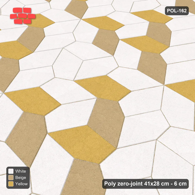Interlock (Pasco) 41x28 cm · POL-162 · Random Lay Courtyard Cubes, Golden Sand, light base with two-tone cube faces, kerb frame · Side view Interlock (Pasco) 41x28 cm · POL-162 · Random Lay Courtyard Cubes, Golden Sand, light base with two-tone cube faces, kerb frame · Side view
