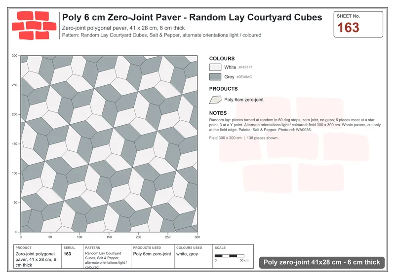Interlock (Pasco) 41x28 cm · POL-163 · Random Lay Courtyard Cubes, Salt & Pepper, alternate orientations light / coloured · Laying plan Interlock (Pasco) 41x28 cm · POL-163 · Random Lay Courtyard Cubes, Salt & Pepper, alternate orientations light / coloured · Laying plan