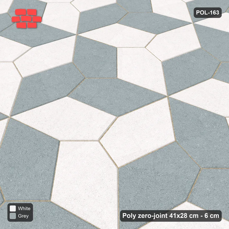 Interlock (Pasco) 41x28 cm · POL-163 · Random Lay Courtyard Cubes, Salt & Pepper, alternate orientations light / coloured · Side view Interlock (Pasco) 41x28 cm · POL-163 · Random Lay Courtyard Cubes, Salt & Pepper, alternate orientations light / coloured · Side view