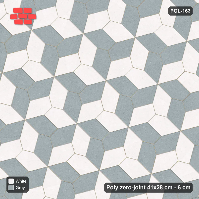 Interlock (Pasco) 41x28 cm · POL-163 · Random Lay Courtyard Cubes, Salt & Pepper, alternate orientations light / coloured · Top view Interlock (Pasco) 41x28 cm · POL-163 · Random Lay Courtyard Cubes, Salt & Pepper, alternate orientations light / coloured · Top view