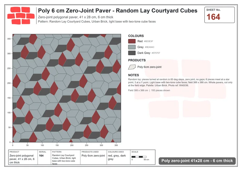 Interlock (Pasco) 41x28 cm · POL-164 · Random Lay Courtyard Cubes, Urban Brick, light base with two-tone cube faces · Laying plan Interlock (Pasco) 41x28 cm · POL-164 · Random Lay Courtyard Cubes, Urban Brick, light base with two-tone cube faces · Laying plan
