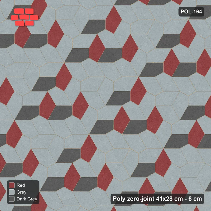 Interlock (Pasco) 41x28 cm · POL-164 · Random Lay Courtyard Cubes, Urban Brick, light base with two-tone cube faces · Top view Interlock (Pasco) 41x28 cm · POL-164 · Random Lay Courtyard Cubes, Urban Brick, light base with two-tone cube faces · Top view