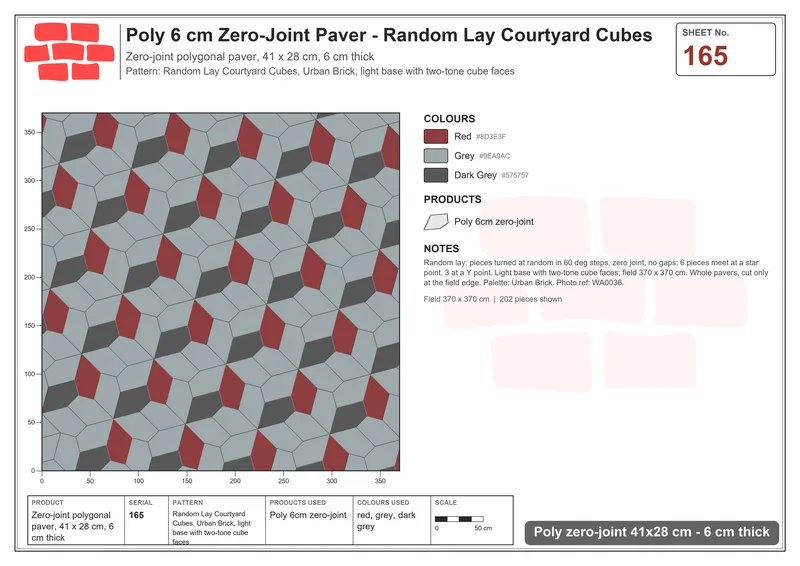 Interlock (Pasco) 41x28 cm · POL-165 · Random Lay Courtyard Cubes, Urban Brick, light base with two-tone cube faces · Laying plan Interlock (Pasco) 41x28 cm · POL-165 · Random Lay Courtyard Cubes, Urban Brick, light base with two-tone cube faces · Laying plan