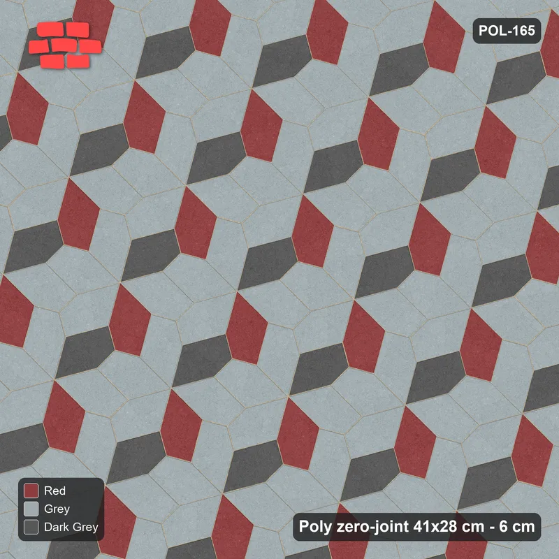 Interlock (Pasco) 41x28 cm · POL-165 · Random Lay Courtyard Cubes, Urban Brick, light base with two-tone cube faces · Top view Interlock (Pasco) 41x28 cm · POL-165 · Random Lay Courtyard Cubes, Urban Brick, light base with two-tone cube faces · Top view