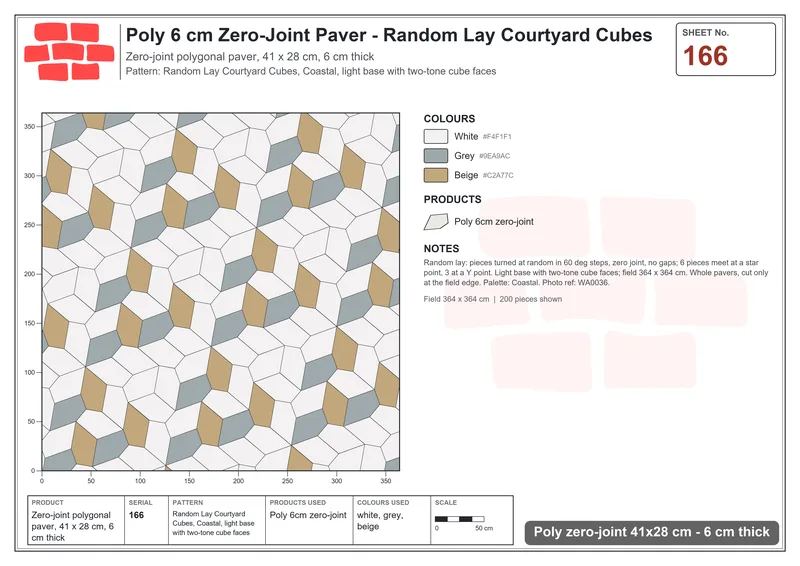 Interlock (Pasco) 41x28 cm · POL-166 · Random Lay Courtyard Cubes, Coastal, light base with two-tone cube faces · Laying plan Interlock (Pasco) 41x28 cm · POL-166 · Random Lay Courtyard Cubes, Coastal, light base with two-tone cube faces · Laying plan