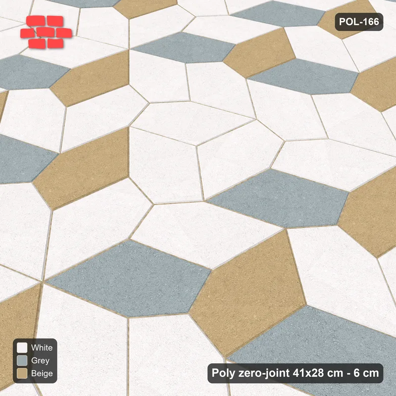 Interlock (Pasco) 41x28 cm · POL-166 · Random Lay Courtyard Cubes, Coastal, light base with two-tone cube faces · Side view Interlock (Pasco) 41x28 cm · POL-166 · Random Lay Courtyard Cubes, Coastal, light base with two-tone cube faces · Side view