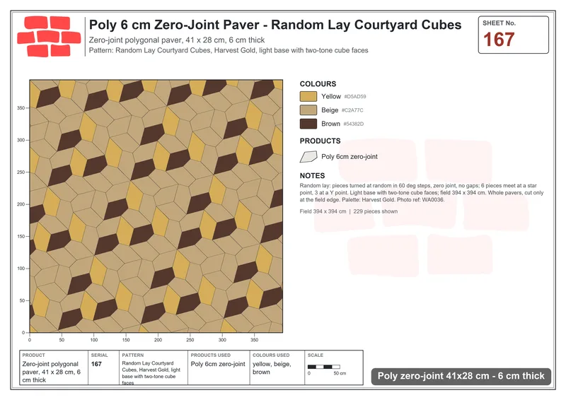 Interlock (Pasco) 41x28 cm · POL-167 · Random Lay Courtyard Cubes, Harvest Gold, light base with two-tone cube faces · Laying plan Interlock (Pasco) 41x28 cm · POL-167 · Random Lay Courtyard Cubes, Harvest Gold, light base with two-tone cube faces · Laying plan