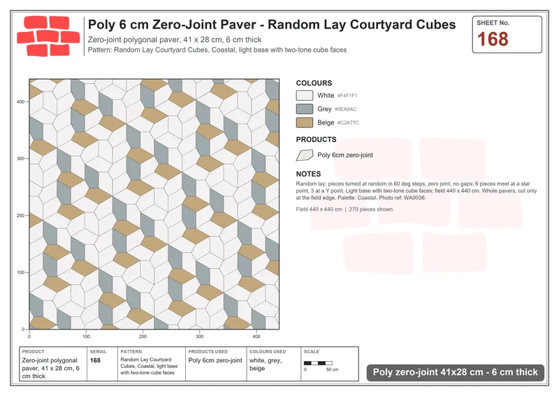 Interlock (Pasco) 41x28 cm · POL-168 · Random Lay Courtyard Cubes, Coastal, light base with two-tone cube faces · Laying plan Interlock (Pasco) 41x28 cm · POL-168 · Random Lay Courtyard Cubes, Coastal, light base with two-tone cube faces · Laying plan