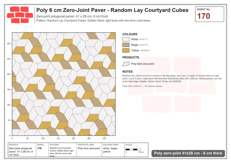 Interlock (Pasco) 41x28 cm · POL-170 · Random Lay Courtyard Cubes, Golden Sand, light base with two-tone cube faces · Laying plan Interlock (Pasco) 41x28 cm · POL-170 · Random Lay Courtyard Cubes, Golden Sand, light base with two-tone cube faces · Laying plan
