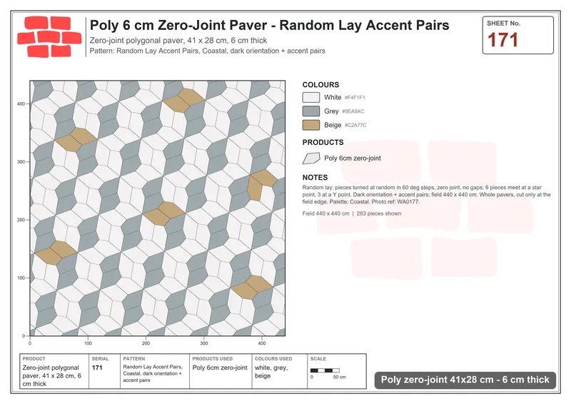 Interlock (Pasco) 41x28 cm · POL-171 · Random Lay Accent Pairs, Coastal, dark orientation + accent pairs · Laying plan Interlock (Pasco) 41x28 cm · POL-171 · Random Lay Accent Pairs, Coastal, dark orientation + accent pairs · Laying plan