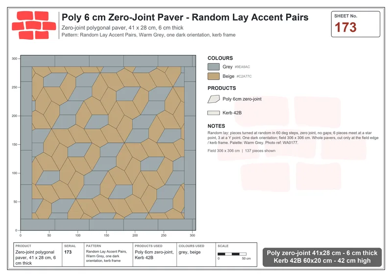 Interlock (Pasco) 41x28 cm · POL-173 · Random Lay Accent Pairs, Warm Grey, one dark orientation, kerb frame · Laying plan Interlock (Pasco) 41x28 cm · POL-173 · Random Lay Accent Pairs, Warm Grey, one dark orientation, kerb frame · Laying plan