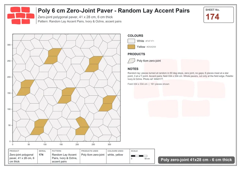 Interlock (Pasco) 41x28 cm · POL-174 · Random Lay Accent Pairs, Ivory & Ochre, accent pairs · Laying plan Interlock (Pasco) 41x28 cm · POL-174 · Random Lay Accent Pairs, Ivory & Ochre, accent pairs · Laying plan