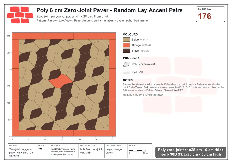 Interlock (Pasco) 41x28 cm · POL-176 · Random Lay Accent Pairs, Autumn, dark orientation + accent pairs, kerb frame · Laying plan Interlock (Pasco) 41x28 cm · POL-176 · Random Lay Accent Pairs, Autumn, dark orientation + accent pairs, kerb frame · Laying plan