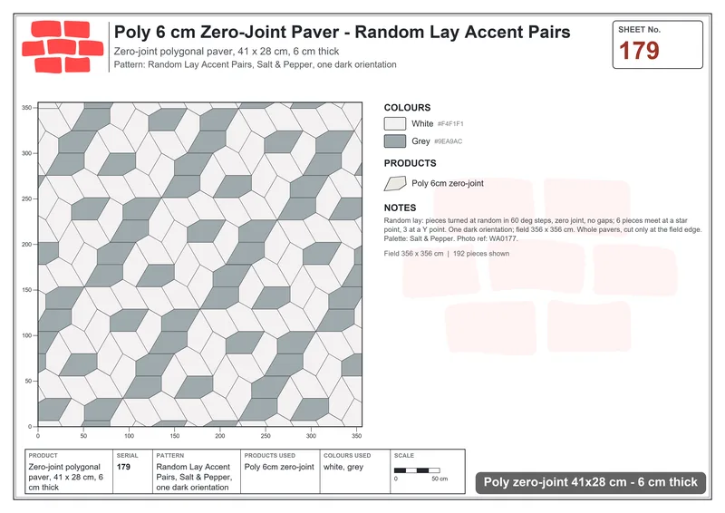 Interlock (Pasco) 41x28 cm · POL-179 · Random Lay Accent Pairs, Salt & Pepper, one dark orientation · Laying plan Interlock (Pasco) 41x28 cm · POL-179 · Random Lay Accent Pairs, Salt & Pepper, one dark orientation · Laying plan