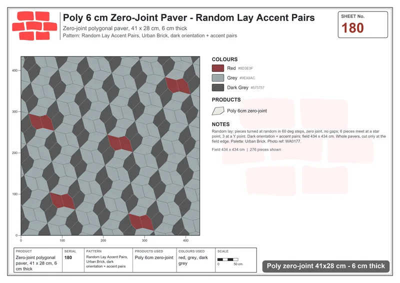 Interlock (Pasco) 41x28 cm · POL-180 · Random Lay Accent Pairs, Urban Brick, dark orientation + accent pairs · Laying plan Interlock (Pasco) 41x28 cm · POL-180 · Random Lay Accent Pairs, Urban Brick, dark orientation + accent pairs · Laying plan
