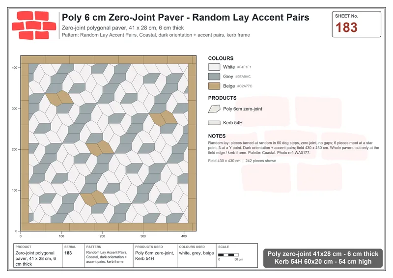 Interlock (Pasco) 41x28 cm · POL-183 · Random Lay Accent Pairs, Coastal, dark orientation + accent pairs, kerb frame · Laying plan Interlock (Pasco) 41x28 cm · POL-183 · Random Lay Accent Pairs, Coastal, dark orientation + accent pairs, kerb frame · Laying plan