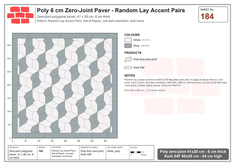 Interlock (Pasco) 41x28 cm · POL-184 · Random Lay Accent Pairs, Salt & Pepper, one dark orientation, kerb frame · Laying plan Interlock (Pasco) 41x28 cm · POL-184 · Random Lay Accent Pairs, Salt & Pepper, one dark orientation, kerb frame · Laying plan