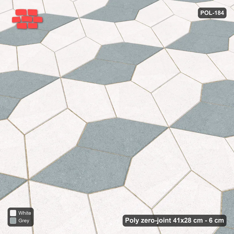 Interlock (Pasco) 41x28 cm · POL-184 · Random Lay Accent Pairs, Salt & Pepper, one dark orientation, kerb frame · Side view Interlock (Pasco) 41x28 cm · POL-184 · Random Lay Accent Pairs, Salt & Pepper, one dark orientation, kerb frame · Side view