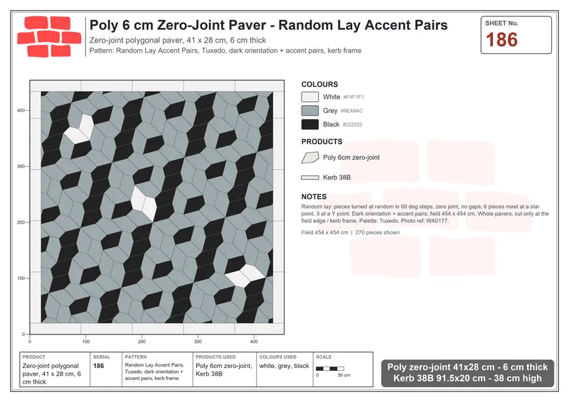 Interlock (Pasco) 41x28 cm · POL-186 · Random Lay Accent Pairs, Tuxedo, dark orientation + accent pairs, kerb frame · Laying plan Interlock (Pasco) 41x28 cm · POL-186 · Random Lay Accent Pairs, Tuxedo, dark orientation + accent pairs, kerb frame · Laying plan