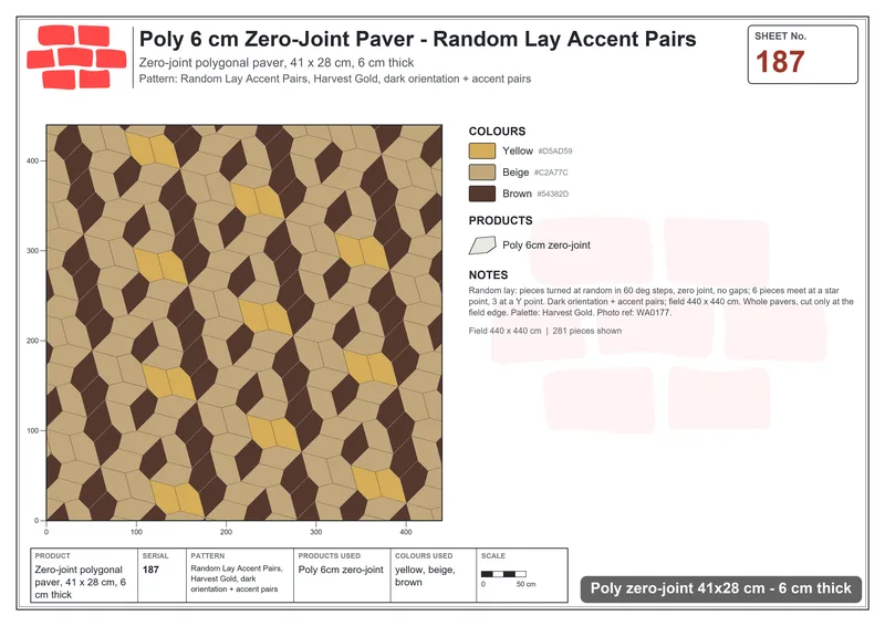 Interlock (Pasco) 41x28 cm · POL-187 · Random Lay Accent Pairs, Harvest Gold, dark orientation + accent pairs · Laying plan Interlock (Pasco) 41x28 cm · POL-187 · Random Lay Accent Pairs, Harvest Gold, dark orientation + accent pairs · Laying plan