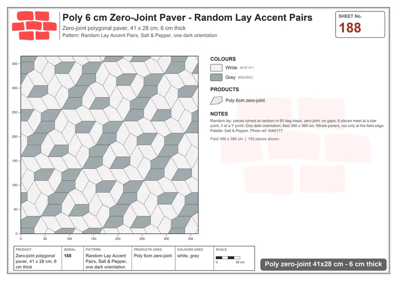 Interlock (Pasco) 41x28 cm · POL-188 · Random Lay Accent Pairs, Salt & Pepper, one dark orientation · Laying plan Interlock (Pasco) 41x28 cm · POL-188 · Random Lay Accent Pairs, Salt & Pepper, one dark orientation · Laying plan