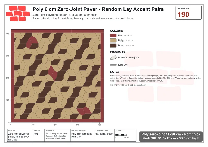Interlock (Pasco) 41x28 cm · POL-190 · Random Lay Accent Pairs, Tuscany, dark orientation + accent pairs, kerb frame · Laying plan Interlock (Pasco) 41x28 cm · POL-190 · Random Lay Accent Pairs, Tuscany, dark orientation + accent pairs, kerb frame · Laying plan