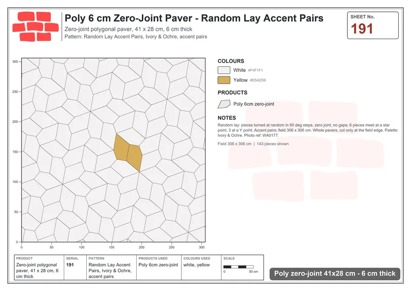 Interlock (Pasco) 41x28 cm · POL-191 · Random Lay Accent Pairs, Ivory & Ochre, accent pairs · Laying plan Interlock (Pasco) 41x28 cm · POL-191 · Random Lay Accent Pairs, Ivory & Ochre, accent pairs · Laying plan
