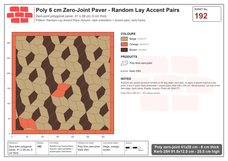 Interlock (Pasco) 41x28 cm · POL-192 · Random Lay Accent Pairs, Autumn, dark orientation + accent pairs, kerb frame · Laying plan Interlock (Pasco) 41x28 cm · POL-192 · Random Lay Accent Pairs, Autumn, dark orientation + accent pairs, kerb frame · Laying plan