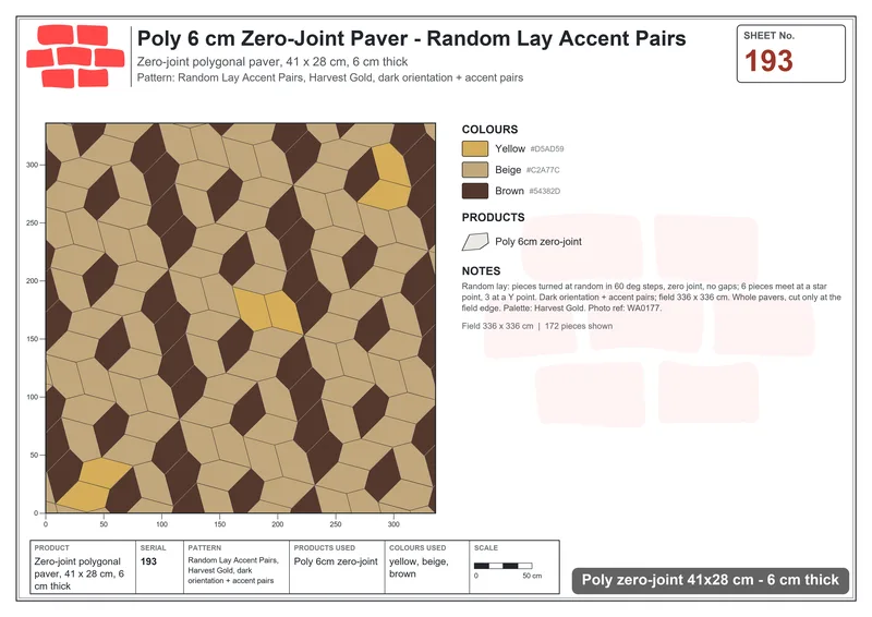 Interlock (Pasco) 41x28 cm · POL-193 · Random Lay Accent Pairs, Harvest Gold, dark orientation + accent pairs · Laying plan Interlock (Pasco) 41x28 cm · POL-193 · Random Lay Accent Pairs, Harvest Gold, dark orientation + accent pairs · Laying plan
