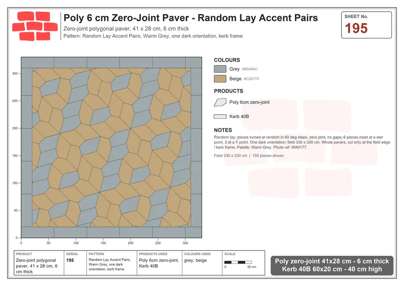 Interlock (Pasco) 41x28 cm · POL-195 · Random Lay Accent Pairs, Warm Grey, one dark orientation, kerb frame · Laying plan Interlock (Pasco) 41x28 cm · POL-195 · Random Lay Accent Pairs, Warm Grey, one dark orientation, kerb frame · Laying plan