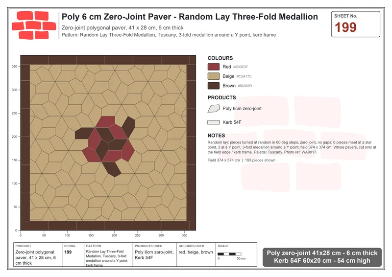 Interlock (Pasco) 41x28 cm · POL-199 · Random Lay Three-Fold Medallion, Tuscany, 3-fold medallion around a Y point, kerb frame · Laying plan Interlock (Pasco) 41x28 cm · POL-199 · Random Lay Three-Fold Medallion, Tuscany, 3-fold medallion around a Y point, kerb frame · Laying plan