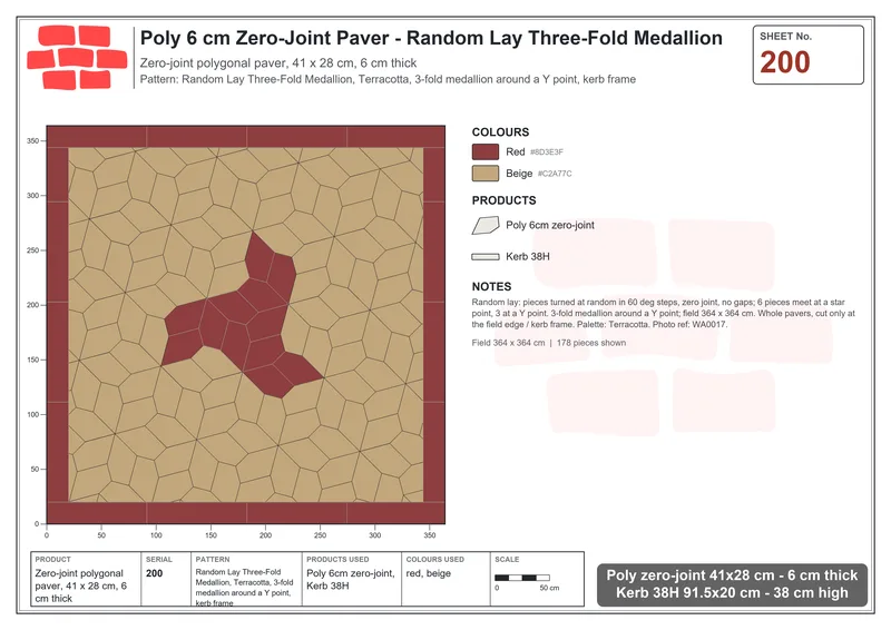 Interlock (Pasco) 41x28 cm · POL-200 · Random Lay Three-Fold Medallion, Terracotta, 3-fold medallion around a Y point, kerb frame · Laying plan Interlock (Pasco) 41x28 cm · POL-200 · Random Lay Three-Fold Medallion, Terracotta, 3-fold medallion around a Y point, kerb frame · Laying plan