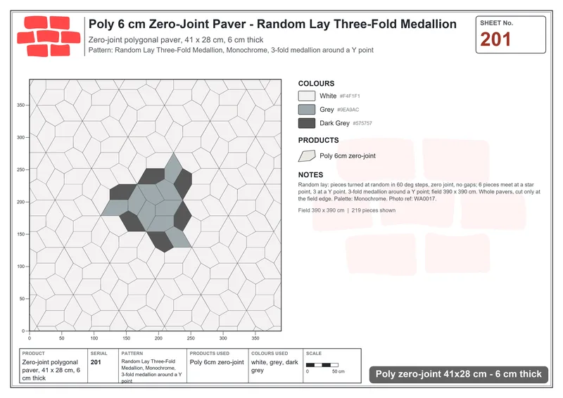 Interlock (Pasco) 41x28 cm · POL-201 · Random Lay Three-Fold Medallion, Monochrome, 3-fold medallion around a Y point · Laying plan Interlock (Pasco) 41x28 cm · POL-201 · Random Lay Three-Fold Medallion, Monochrome, 3-fold medallion around a Y point · Laying plan