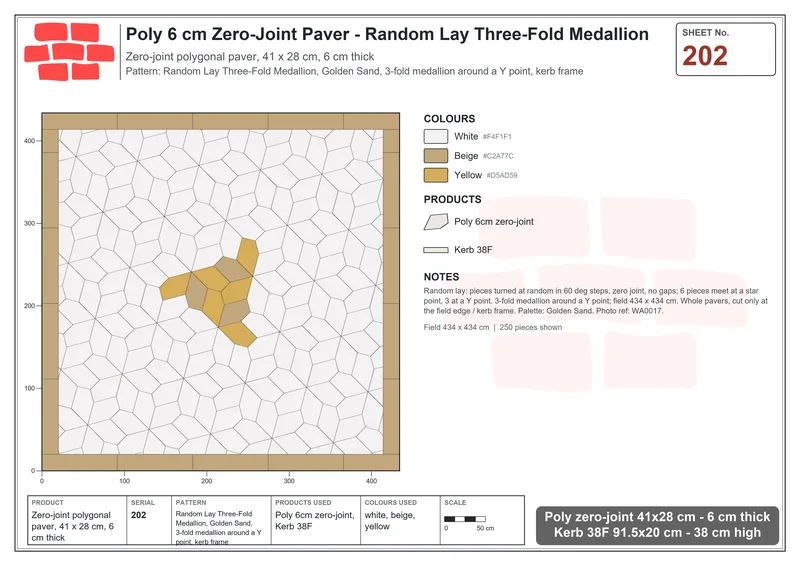 Interlock (Pasco) 41x28 cm · POL-202 · Random Lay Three-Fold Medallion, Golden Sand, 3-fold medallion around a Y point, kerb frame · Laying plan Interlock (Pasco) 41x28 cm · POL-202 · Random Lay Three-Fold Medallion, Golden Sand, 3-fold medallion around a Y point, kerb frame · Laying plan